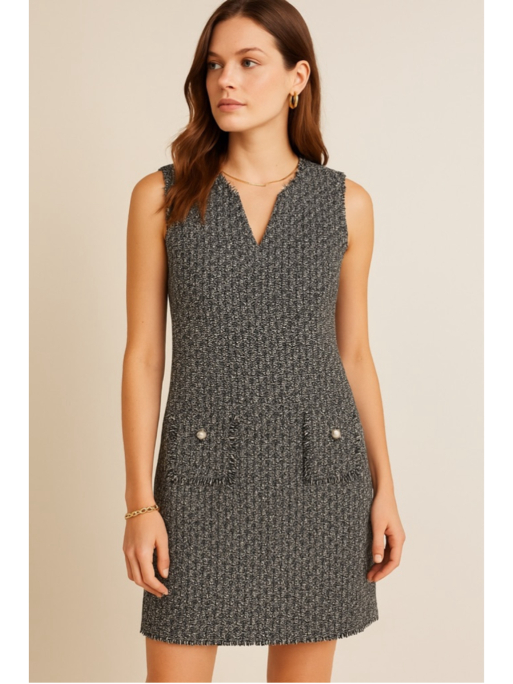 Karl Lagerfeld Paris Tweed Shift Dress Pearl Trim Sleeveless Boucle Size 12